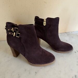 NIB C. Wonder Chocolate Suede Ankle Booties with Gold Buckles